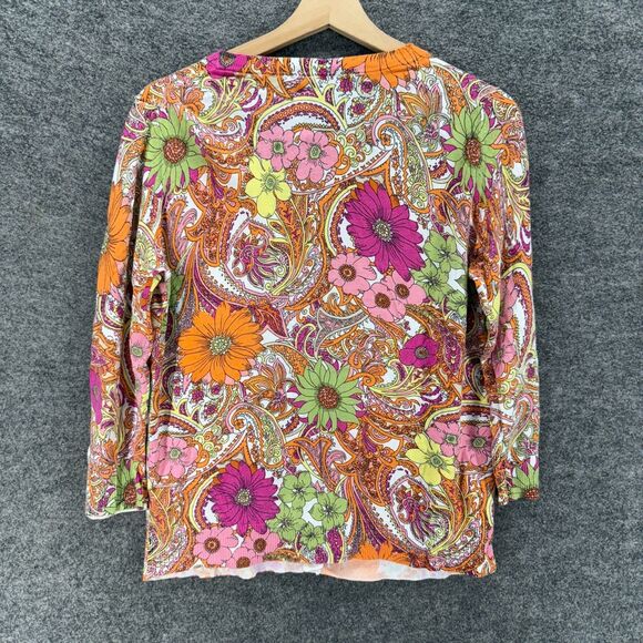 Talbots Cardigan Women M Medium Orange Floral V-Neck Long Sleeve Cotton Button - Picture 2 of 7